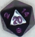 A d20 from the Black Solid, Purple Nums set, showing 20