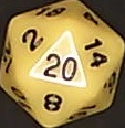 A d20 from the Yellow Solid, black text set, showing 20